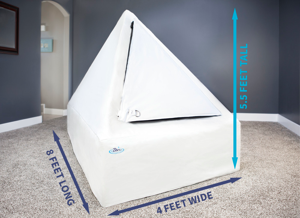 Size - Easily fit the Zen Float Tent into any room of your house with it's convenient 4 ft. by 8 ft. footprint. Big enough for a comfortable float but still small enough to fit in any home.(122 x 244 x 165 cm)